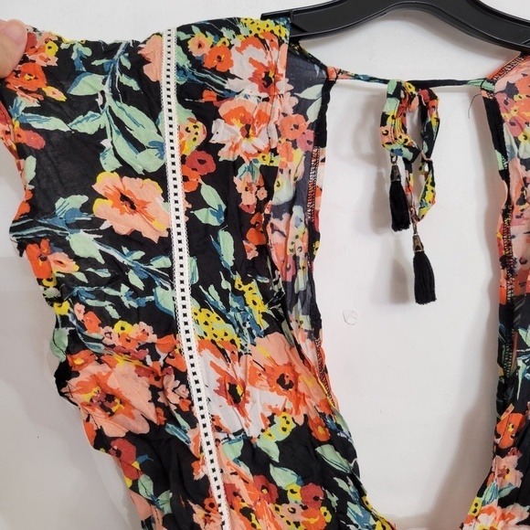 Lucky Brand Orange Floral Flutter Short Sleeve Plunge V Neck Romper Shorts Med - Picture 5 of 12